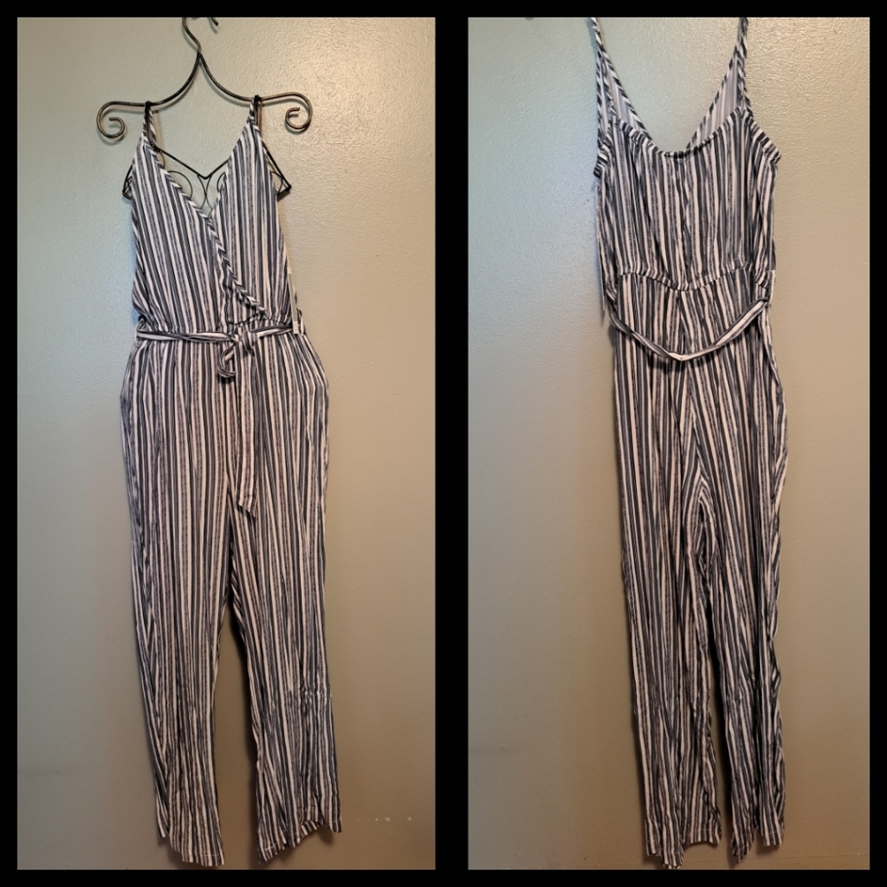 Cisono Feather Navy Stripe Jumpsuit Large Rayon